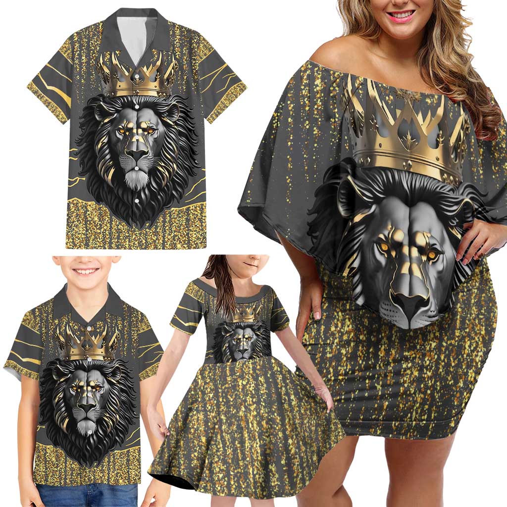 Personalized Black and Gold Lion Family Matching Off Shoulder Short Dress and Hawaiian Shirt King Africa - Wonder Print Shop