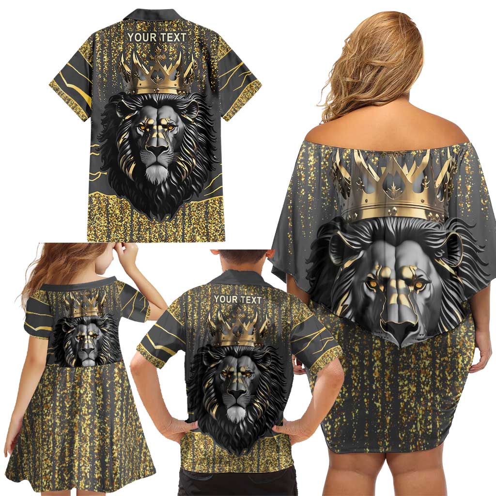 Personalized Black and Gold Lion Family Matching Off Shoulder Short Dress and Hawaiian Shirt King Africa - Wonder Print Shop