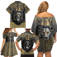 Personalized Black and Gold Lion Family Matching Off Shoulder Short Dress and Hawaiian Shirt King Africa - Wonder Print Shop