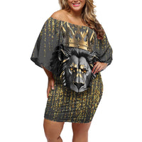 Personalized Black and Gold Lion Family Matching Off Shoulder Short Dress and Hawaiian Shirt King Africa - Wonder Print Shop