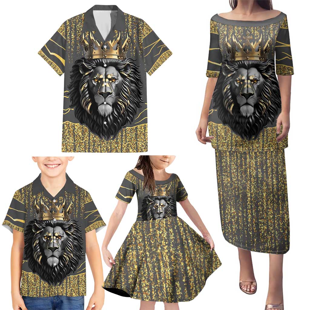Personalized Black and Gold Lion Family Matching Puletasi and Hawaiian Shirt King Africa - Wonder Print Shop