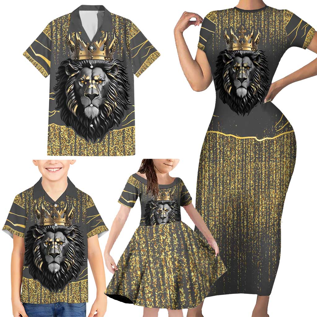 Personalized Black and Gold Lion Family Matching Short Sleeve Bodycon Dress and Hawaiian Shirt King Africa - Wonder Print Shop