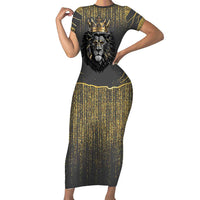 Personalized Black and Gold Lion Family Matching Short Sleeve Bodycon Dress and Hawaiian Shirt King Africa - Wonder Print Shop