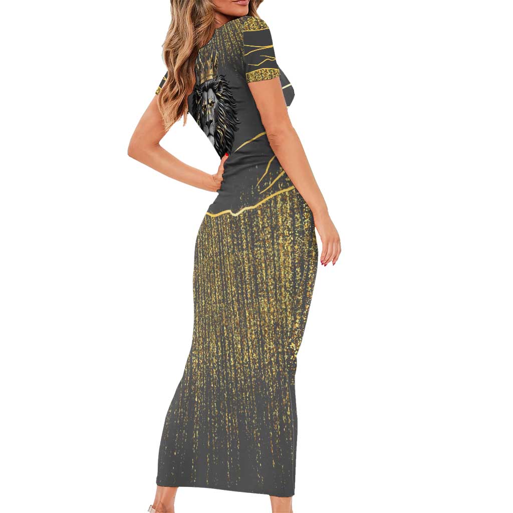 Personalized Black and Gold Lion Family Matching Short Sleeve Bodycon Dress and Hawaiian Shirt King Africa - Wonder Print Shop
