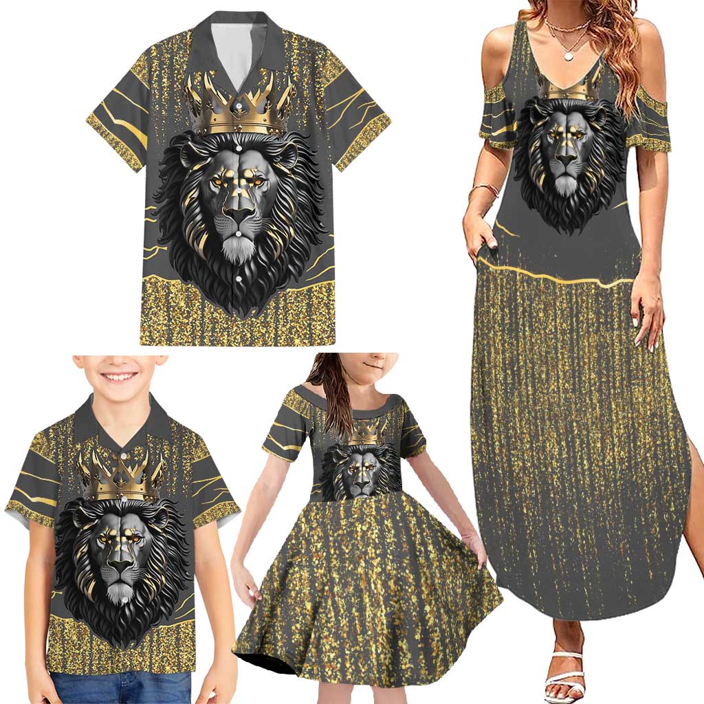 Personalized Black and Gold Lion Family Matching Summer Maxi Dress and Hawaiian Shirt King Africa - Wonder Print Shop