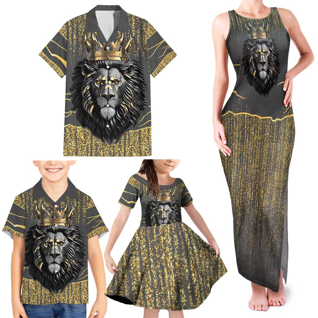 Personalized Black and Gold Lion Family Matching Tank Maxi Dress and Hawaiian Shirt King Africa - Wonder Print Shop