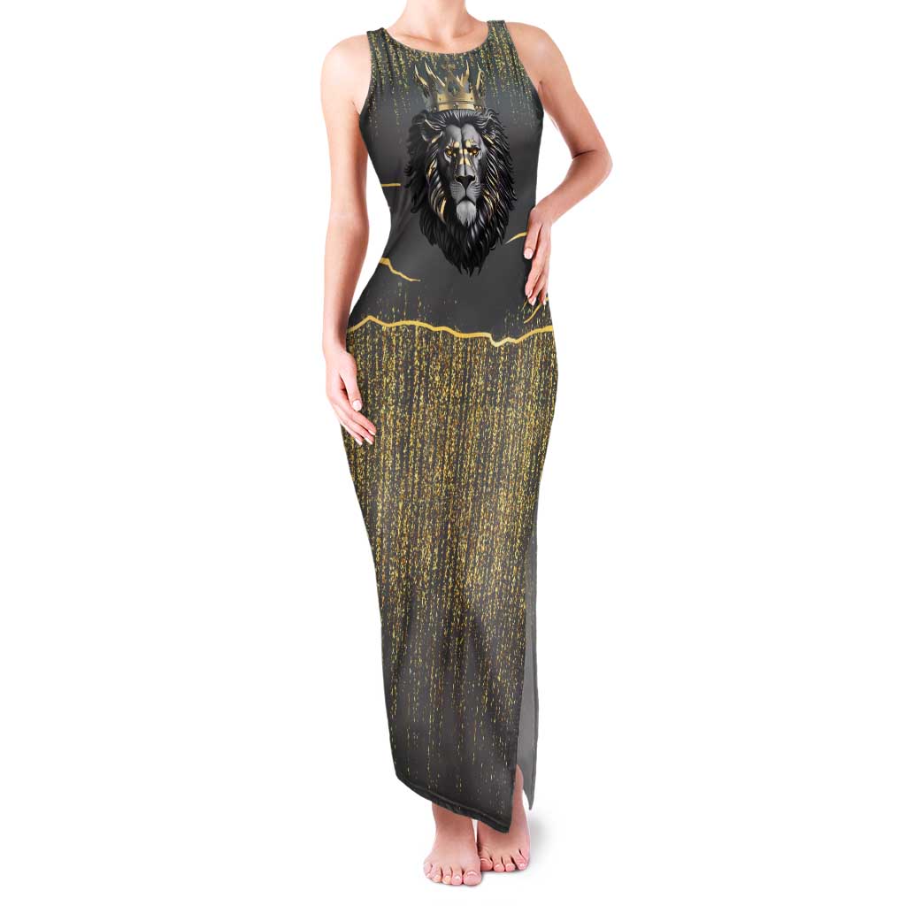 Personalized Black and Gold Lion Family Matching Tank Maxi Dress and Hawaiian Shirt King Africa - Wonder Print Shop