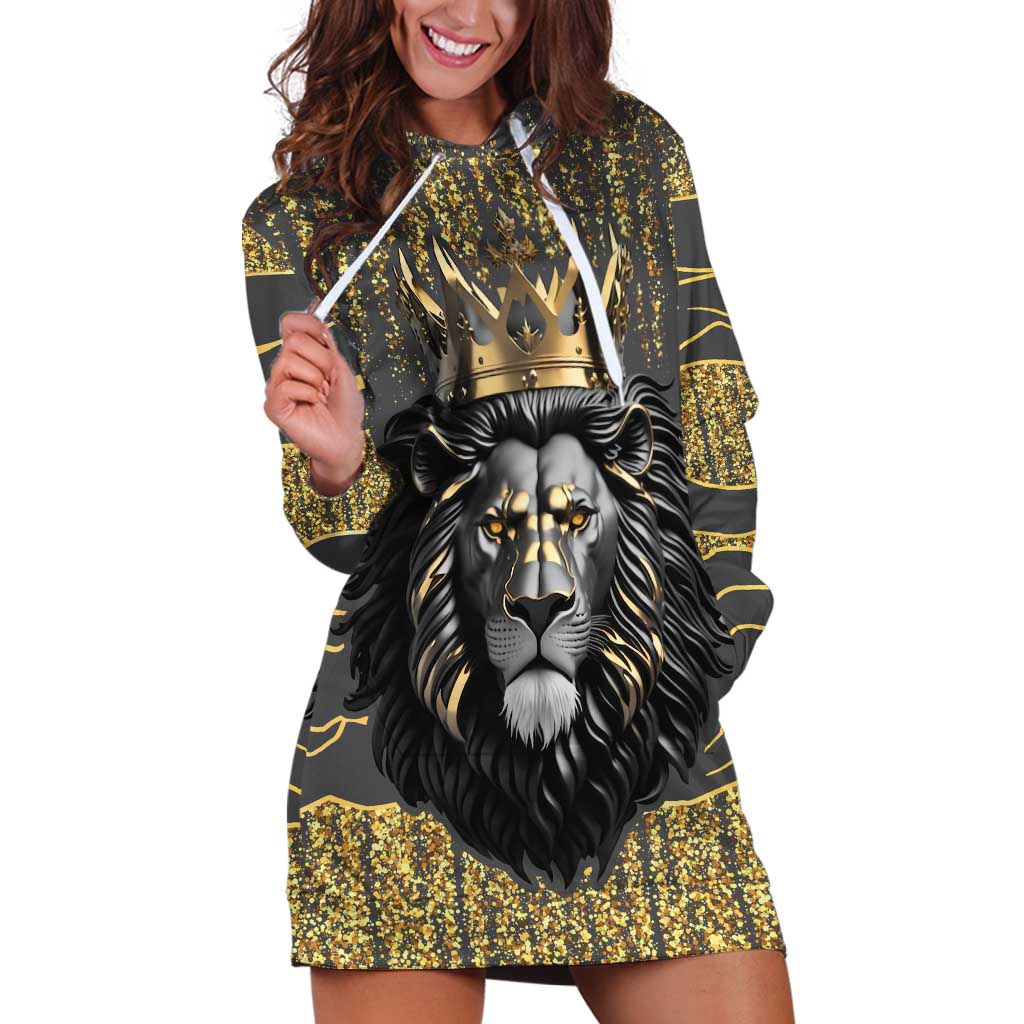 Personalized Black and Gold Lion Hoodie Dress King Africa - Wonder Print Shop