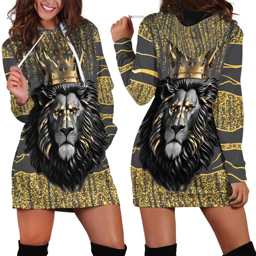 Personalized Black and Gold Lion Hoodie Dress King Africa - Wonder Print Shop