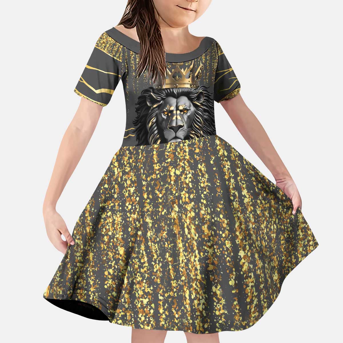 Personalized Black and Gold Lion Kid Short Sleeve Dress King Africa - Wonder Print Shop