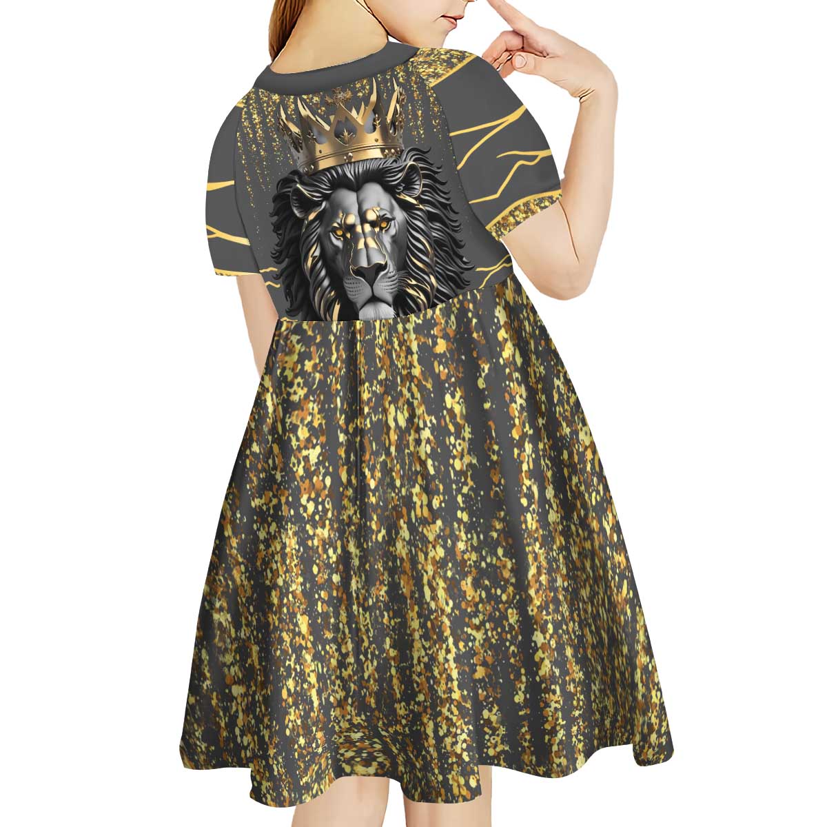 Personalized Black and Gold Lion Kid Short Sleeve Dress King Africa - Wonder Print Shop