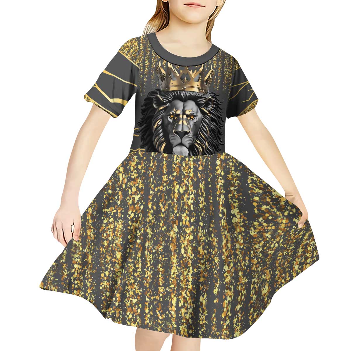 Personalized Black and Gold Lion Kid Short Sleeve Dress King Africa - Wonder Print Shop