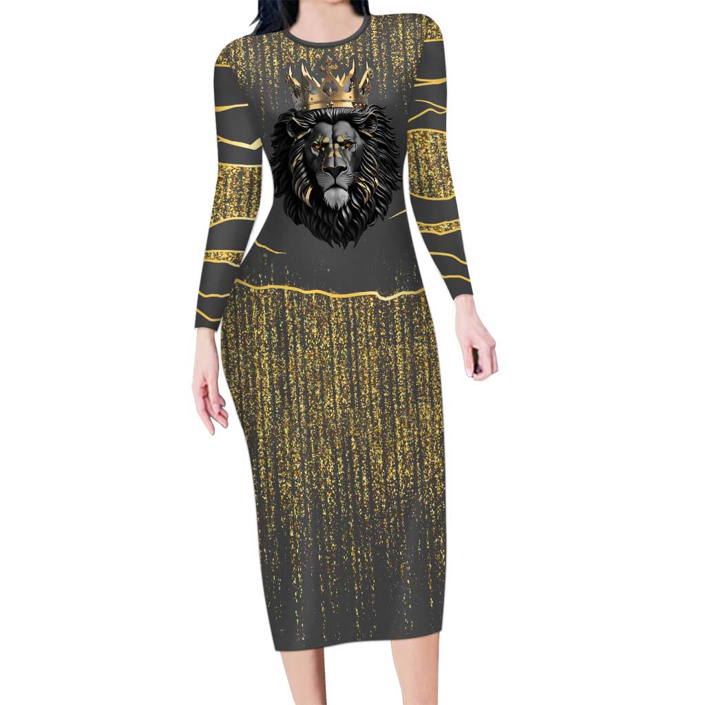 Personalized Black and Gold Lion Long Sleeve Bodycon Dress King Africa - Wonder Print Shop