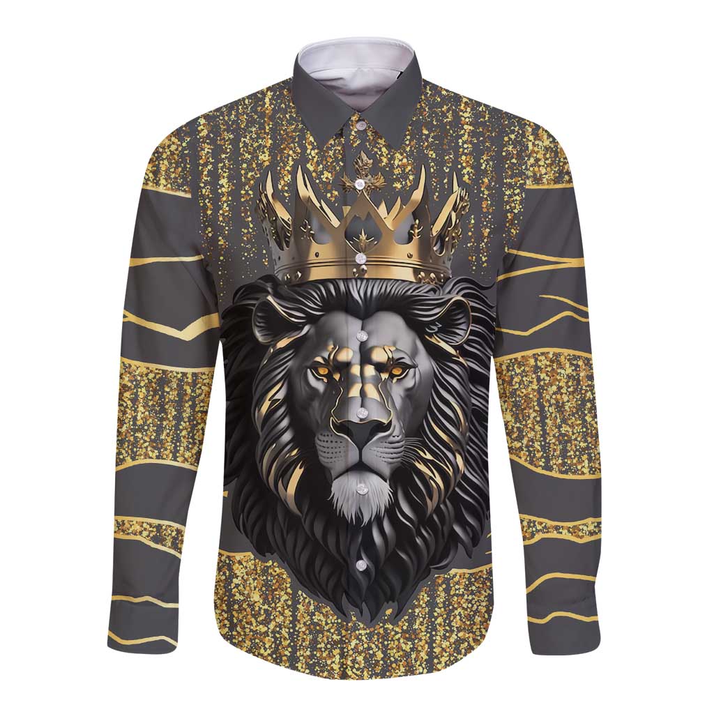 Personalized Black and Gold Lion Long Sleeve Button Shirt King Africa - Wonder Print Shop