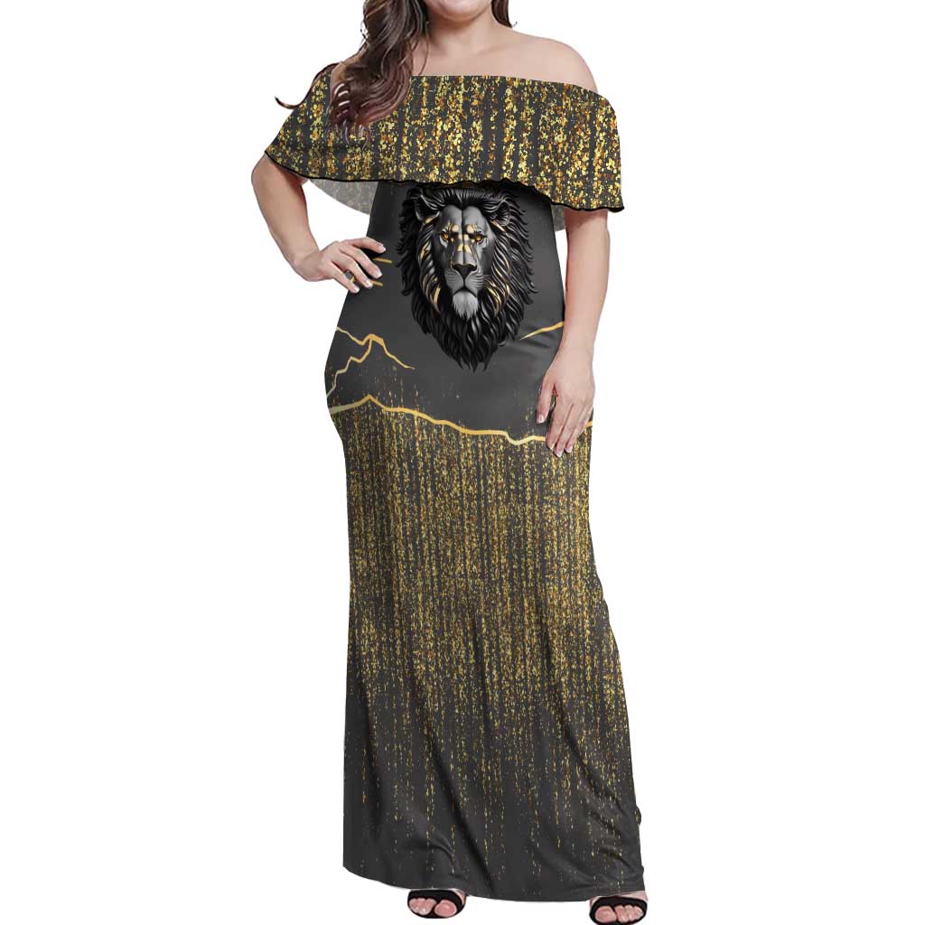 Personalized Black and Gold Lion Off Shoulder Maxi Dress King Africa - Wonder Print Shop