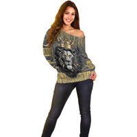 Personalized Black and Gold Lion Off Shoulder Sweater King Africa - Wonder Print Shop