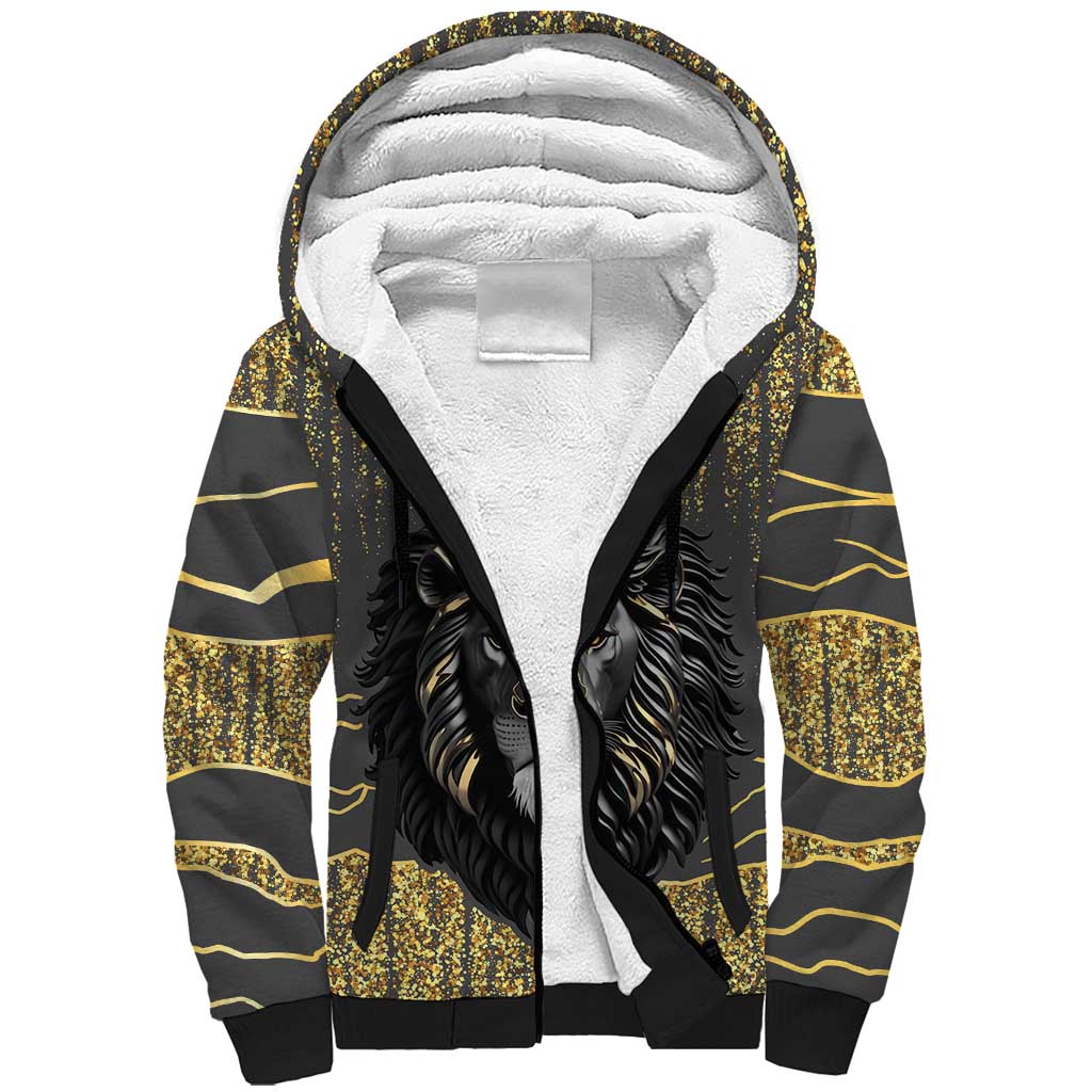 Personalized Black and Gold Lion Sherpa Hoodie King Africa - Wonder Print Shop