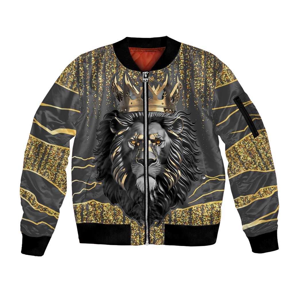 Personalized Black and Gold Lion Sleeve Zip Bomber Jacket King Africa - Wonder Print Shop
