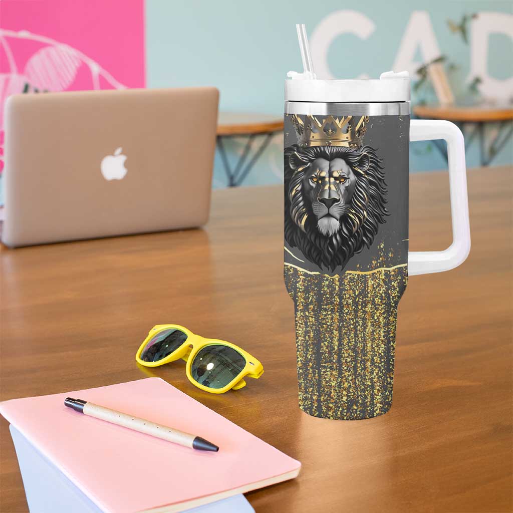 Personalized Black and Gold Lion Tumbler With Handle King Africa - Wonder Print Shop