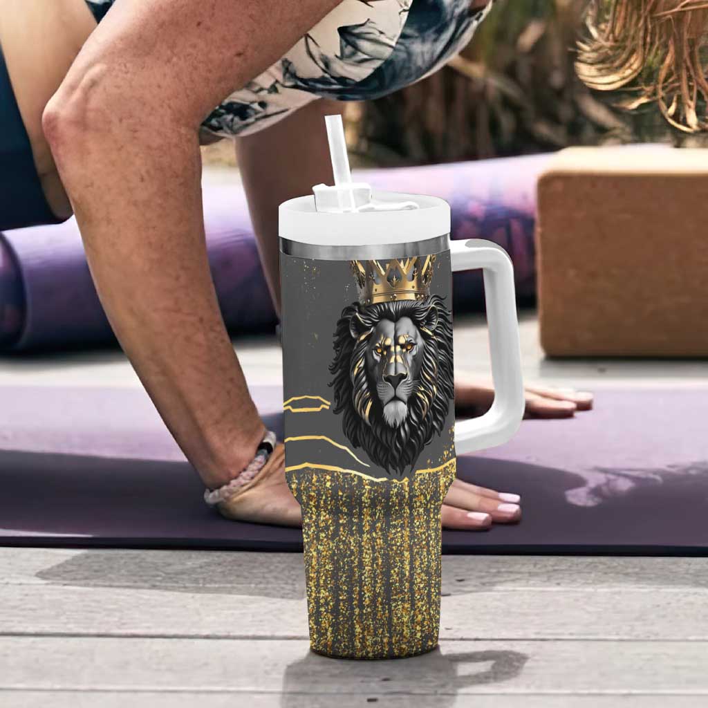 Personalized Black and Gold Lion Tumbler With Handle King Africa - Wonder Print Shop
