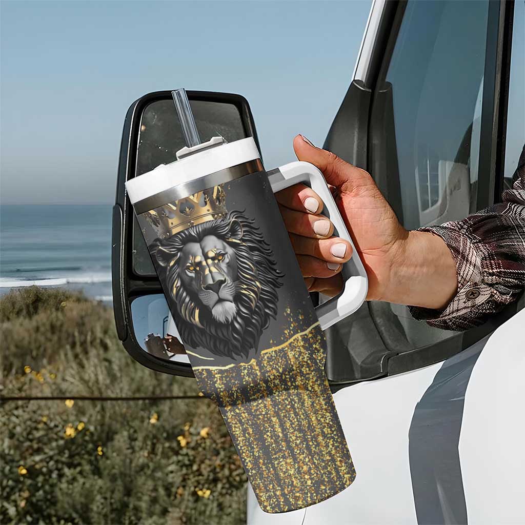 Personalized Black and Gold Lion Tumbler With Handle King Africa - Wonder Print Shop