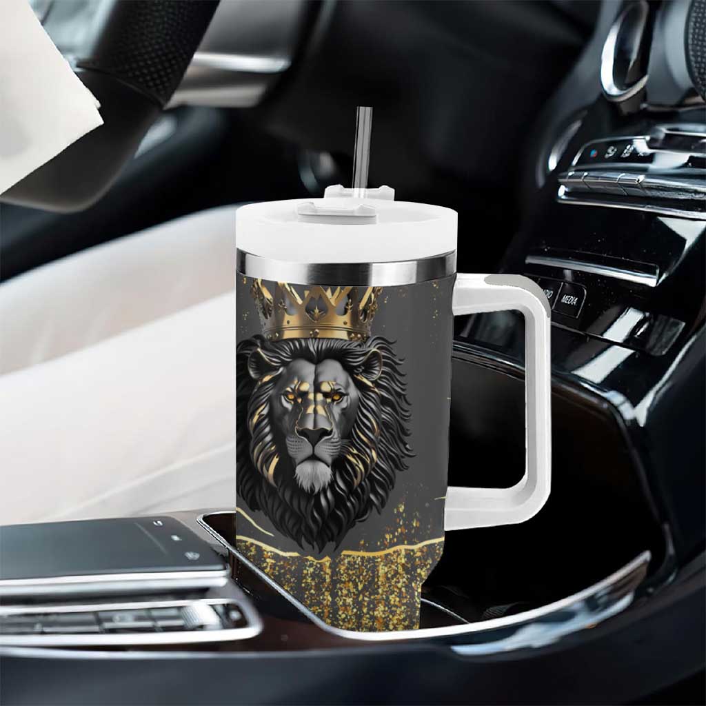 Personalized Black and Gold Lion Tumbler With Handle King Africa - Wonder Print Shop