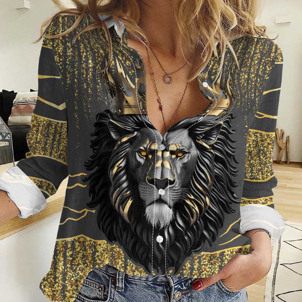 Personalized Black and Gold Lion Women Casual Shirt King Africa - Wonder Print Shop
