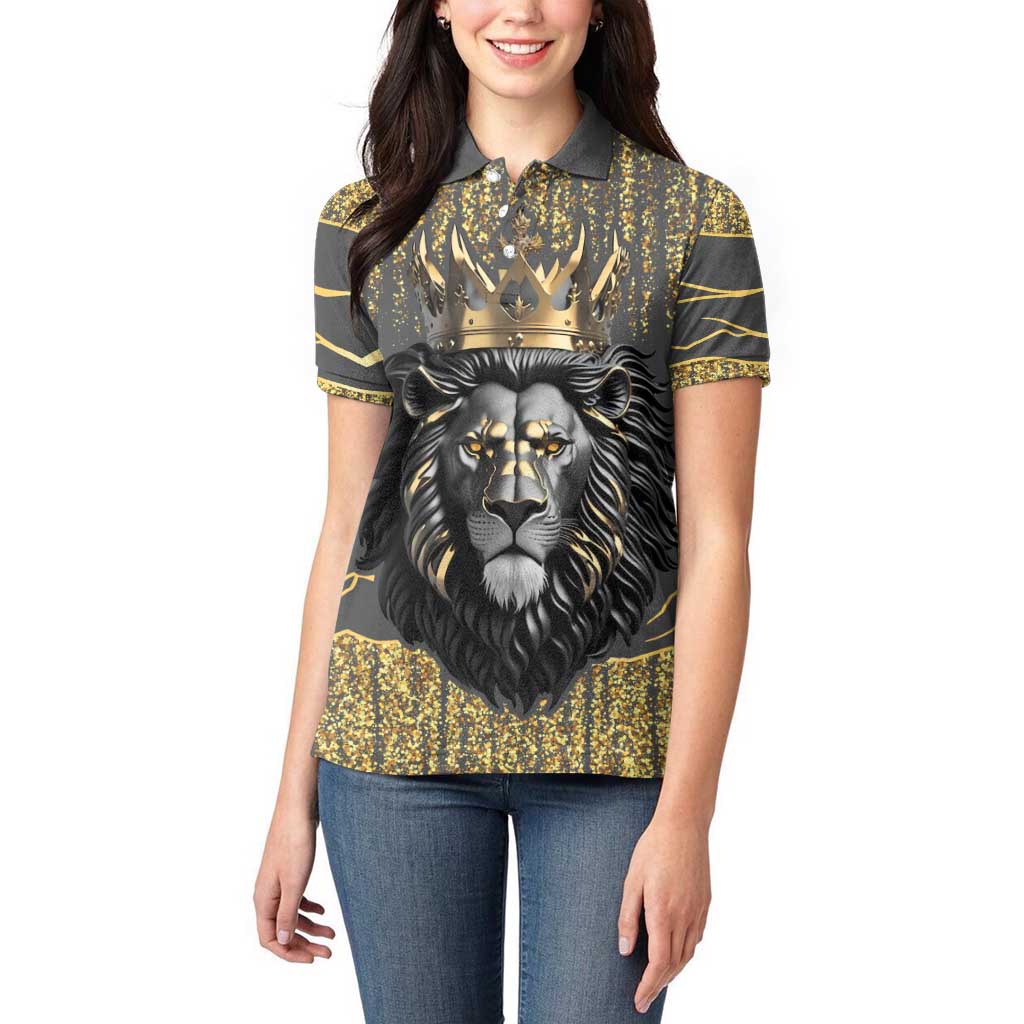 Personalized Black and Gold Lion Women Polo Shirt King Africa - Wonder Print Shop