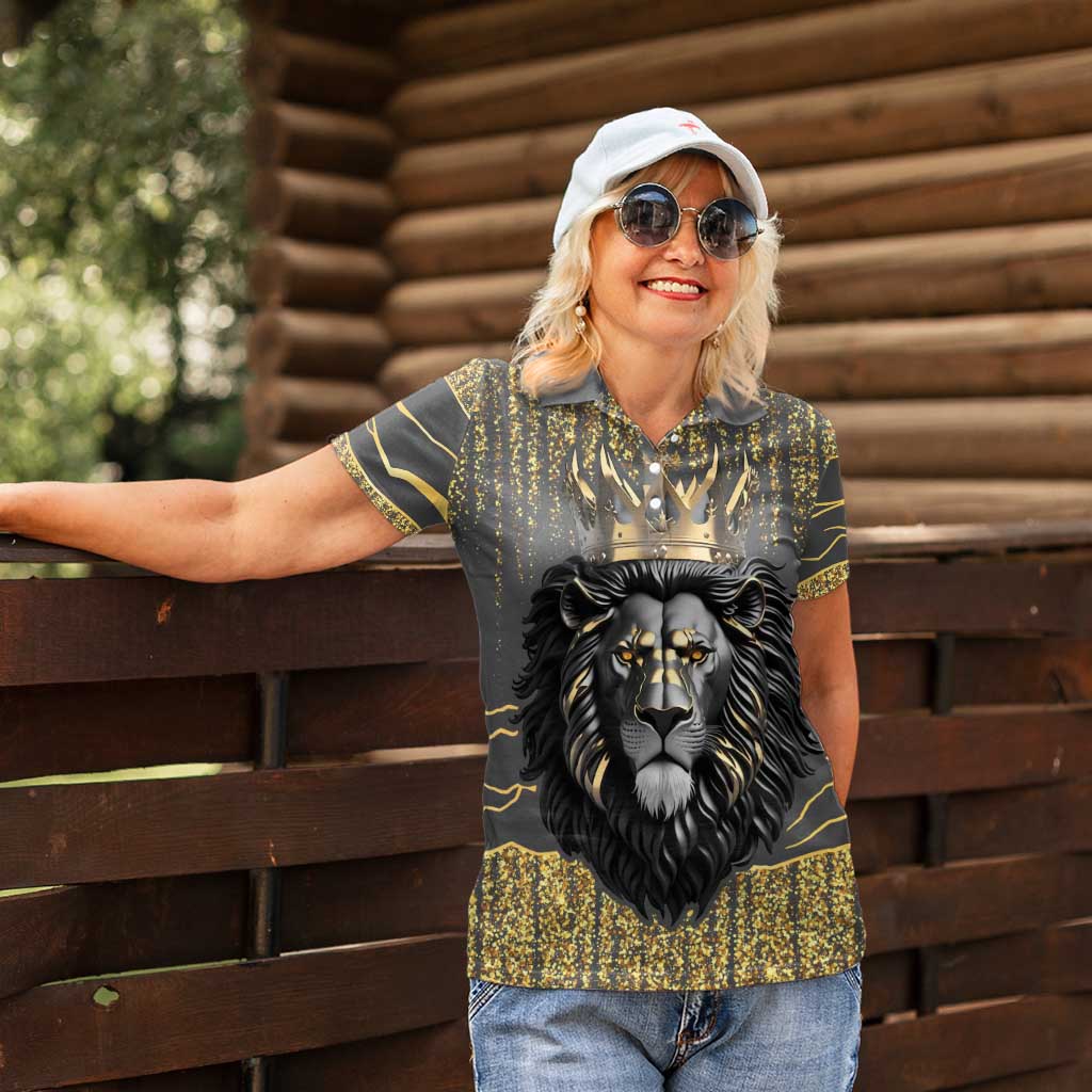 Personalized Black and Gold Lion Women Polo Shirt King Africa - Wonder Print Shop