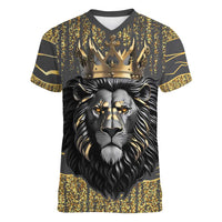Personalized Black and Gold Lion Women V-Neck T-Shirt King Africa - Wonder Print Shop