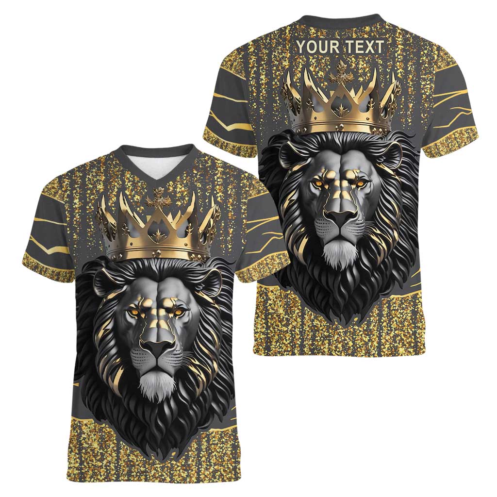 Personalized Black and Gold Lion Women V-Neck T-Shirt King Africa - Wonder Print Shop