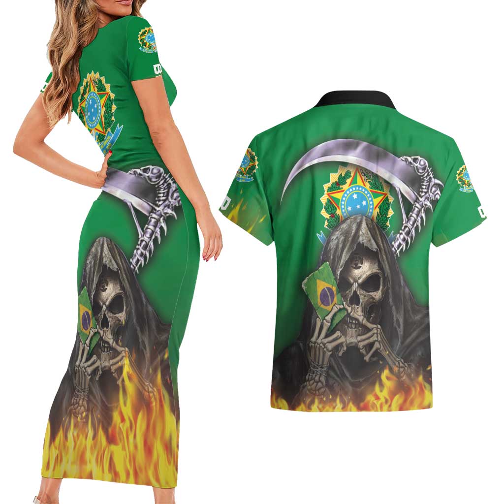 Brazil Hoodie Couples Matching Short Sleeve Bodycon Dress and Hawaiian Shirt Brazil Reaper Skull Fire - Wonder Print Shop
