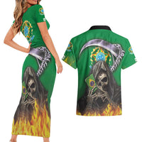 Brazil Hoodie Couples Matching Short Sleeve Bodycon Dress and Hawaiian Shirt Brazil Reaper Skull Fire - Wonder Print Shop