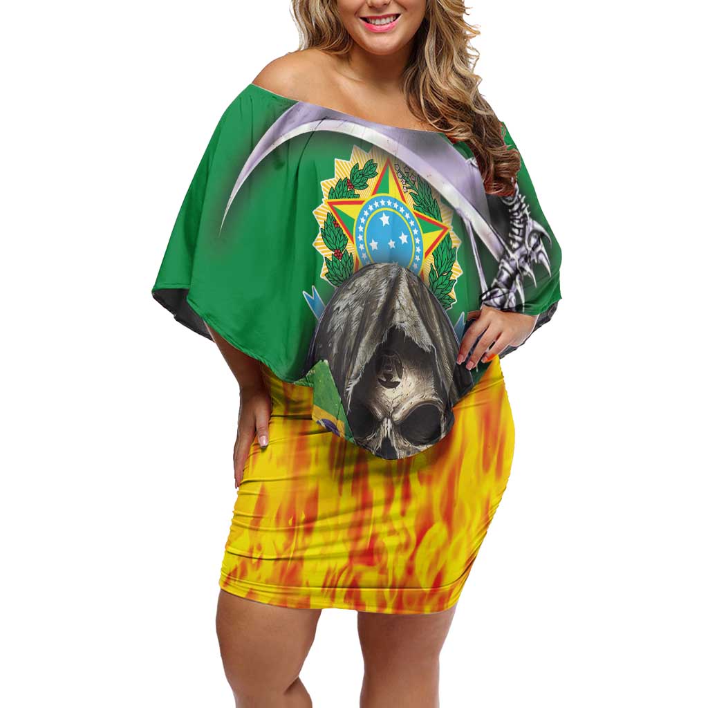 Brazil Hoodie Family Matching Off Shoulder Short Dress and Hawaiian Shirt Brazil Reaper Skull Fire - Wonder Print Shop
