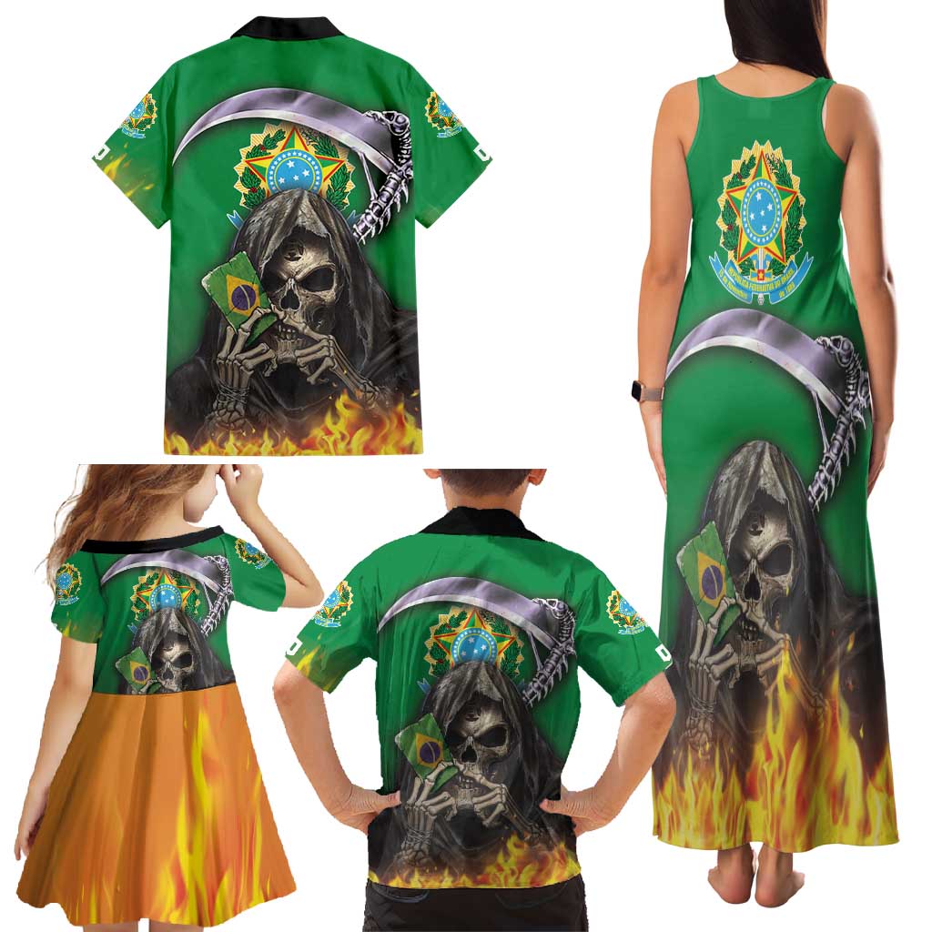 Brazil Hoodie Family Matching Tank Maxi Dress and Hawaiian Shirt Brazil Reaper Skull Fire - Wonder Print Shop