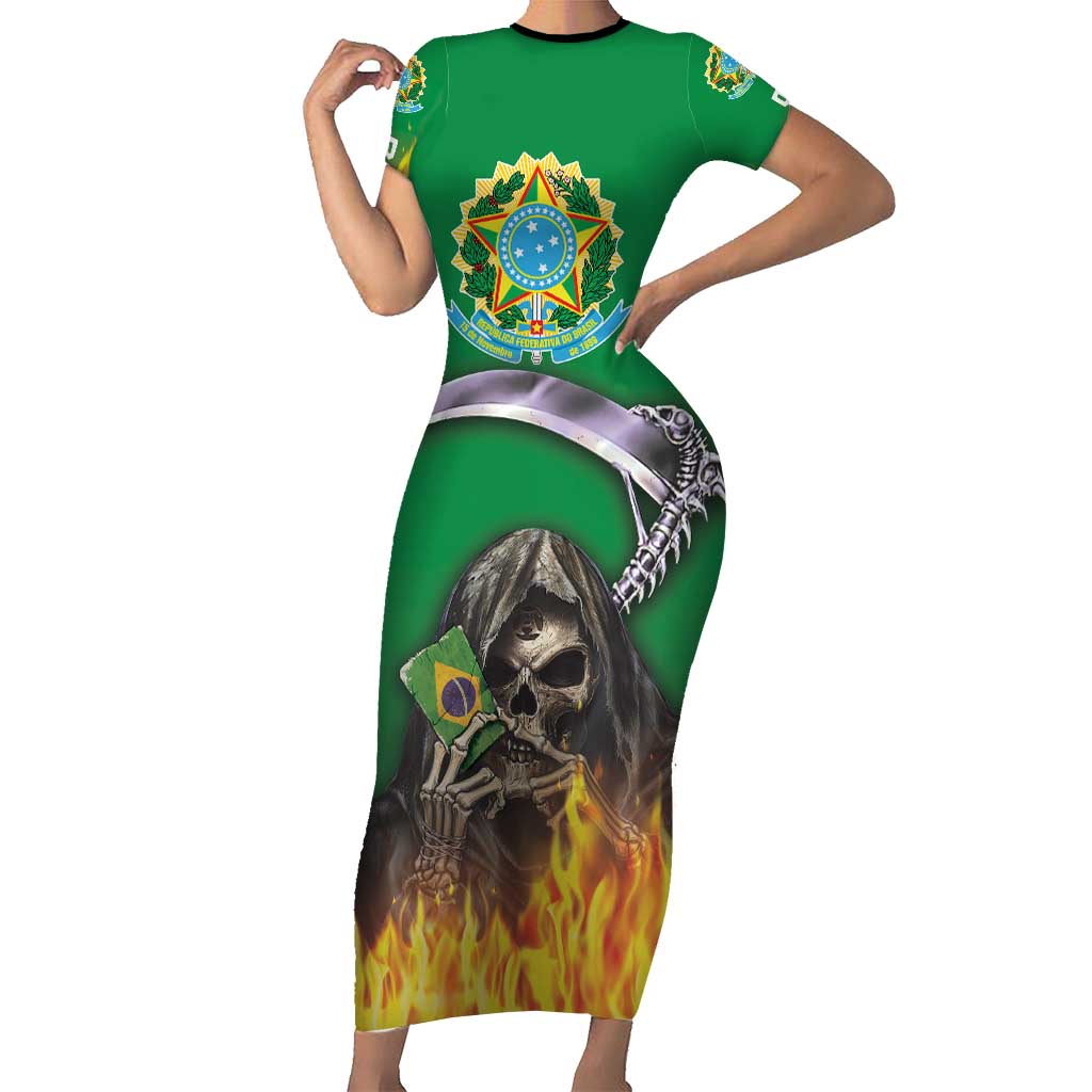 Brazil Hoodie Short Sleeve Bodycon Dress Brazil Reaper Skull Fire - Wonder Print Shop