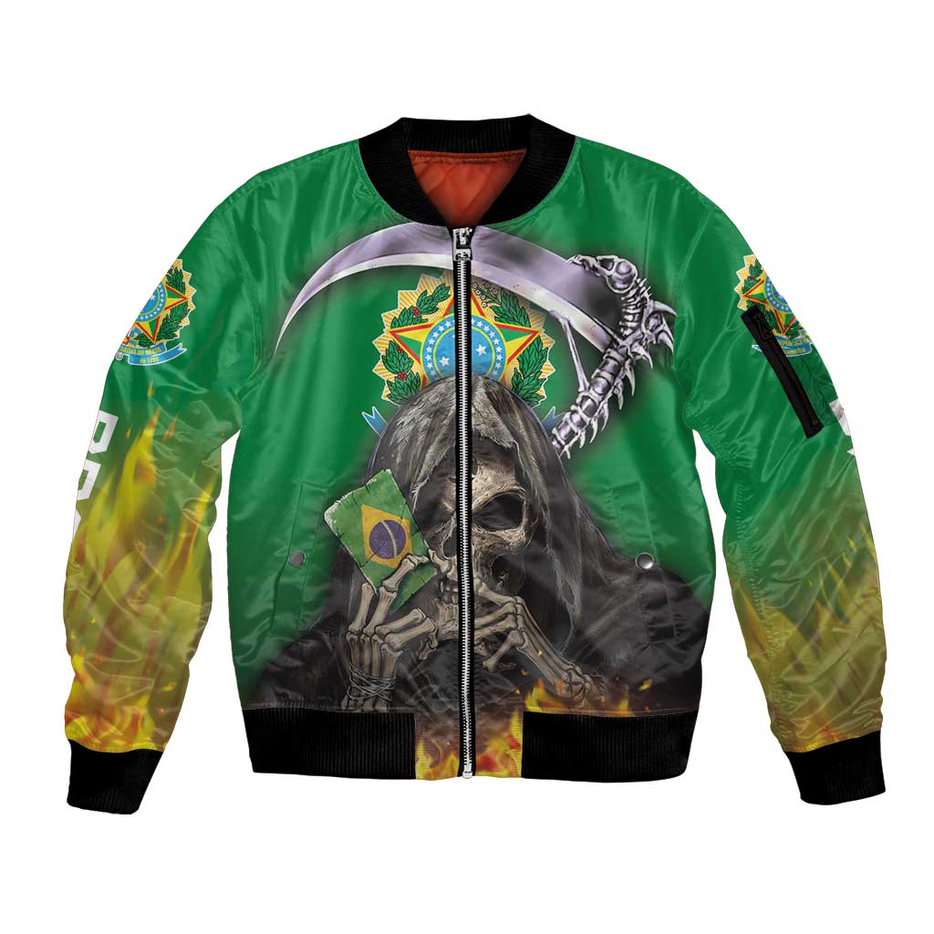 Brazil Hoodie Sleeve Zip Bomber Jacket Brazil Reaper Skull Fire - Wonder Print Shop