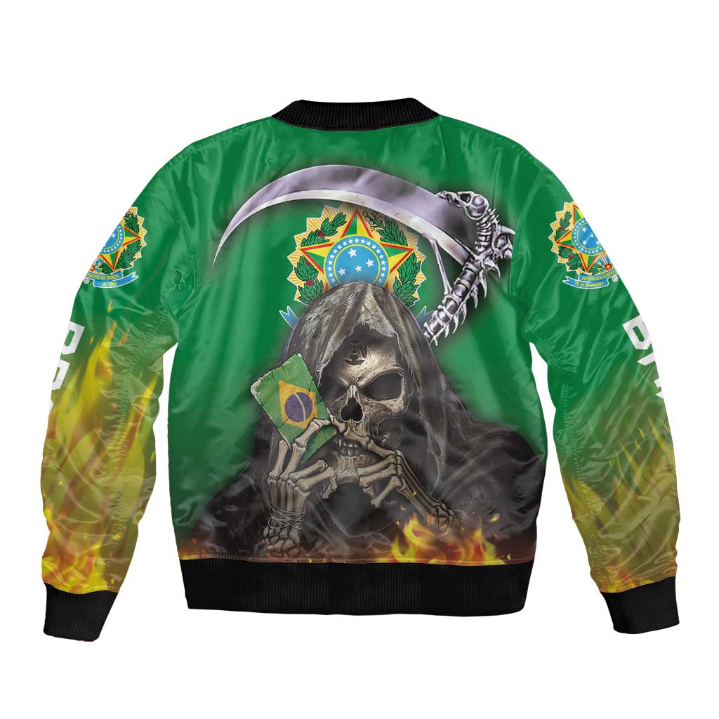 Brazil Hoodie Sleeve Zip Bomber Jacket Brazil Reaper Skull Fire - Wonder Print Shop