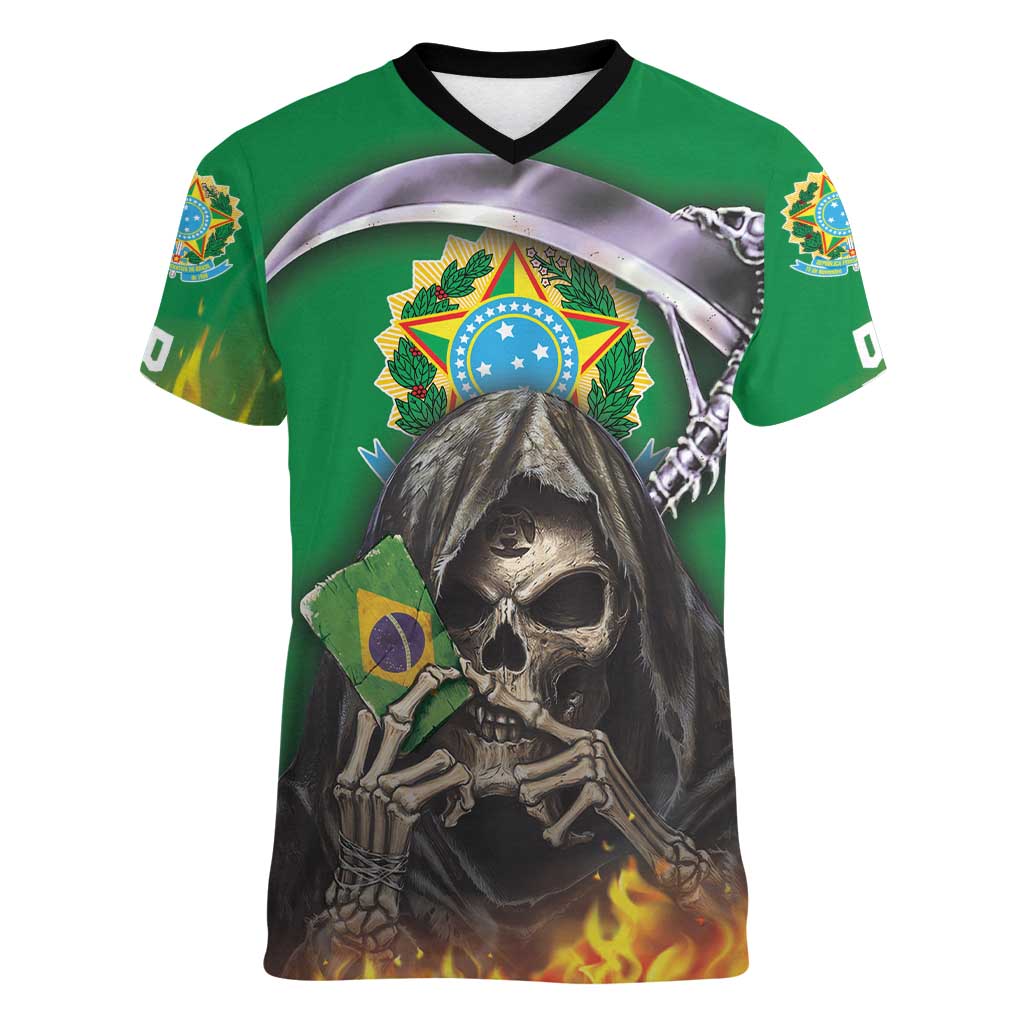 Brazil Hoodie Women V-Neck T-Shirt Brazil Reaper Skull Fire - Wonder Print Shop