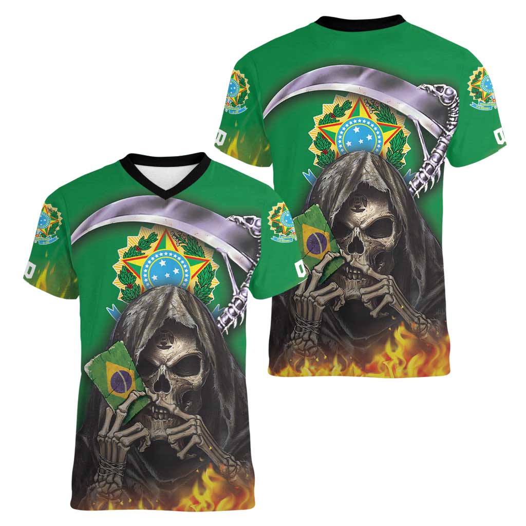 Brazil Hoodie Women V-Neck T-Shirt Brazil Reaper Skull Fire - Wonder Print Shop