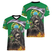 Brazil Hoodie Women V-Neck T-Shirt Brazil Reaper Skull Fire - Wonder Print Shop