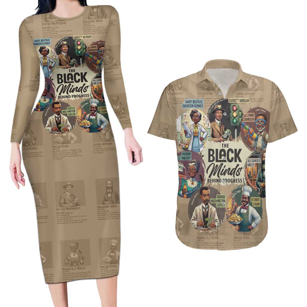 The Black Minds Behind Progress Couples Matching Long Sleeve Bodycon Dress and Hawaiian Shirt Africa Black Invention - Wonder Print Shop
