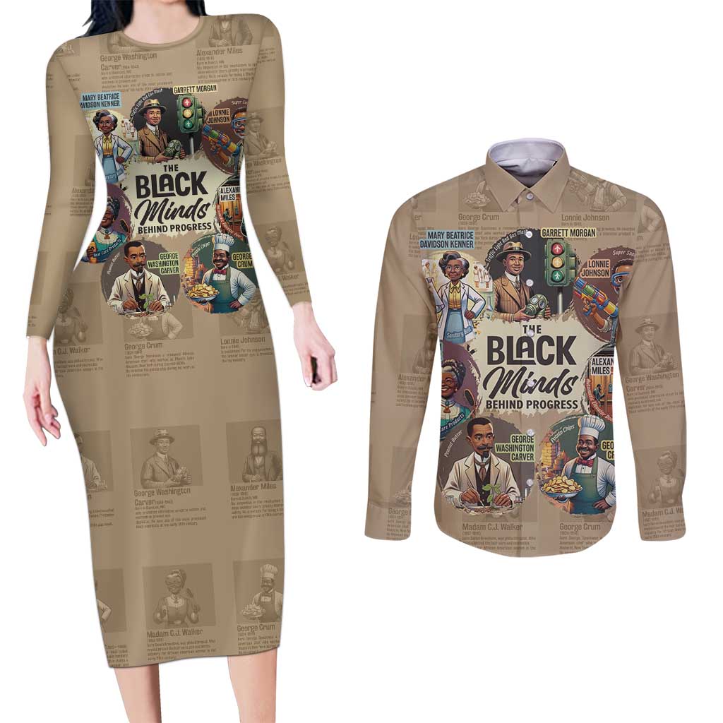 The Black Minds Behind Progress Couples Matching Long Sleeve Bodycon Dress and Long Sleeve Button Shirt Africa Black Invention - Wonder Print Shop
