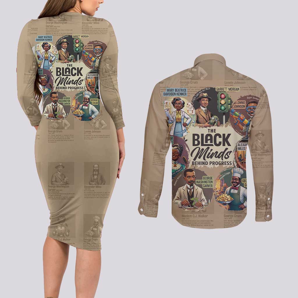 The Black Minds Behind Progress Couples Matching Long Sleeve Bodycon Dress and Long Sleeve Button Shirt Africa Black Invention - Wonder Print Shop