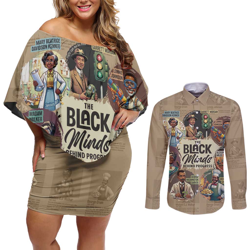 The Black Minds Behind Progress Couples Matching Off Shoulder Short Dress and Long Sleeve Button Shirt Africa Black Invention - Wonder Print Shop