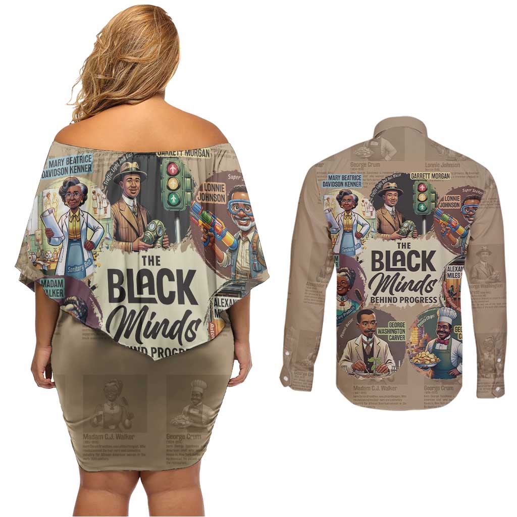 The Black Minds Behind Progress Couples Matching Off Shoulder Short Dress and Long Sleeve Button Shirt Africa Black Invention - Wonder Print Shop