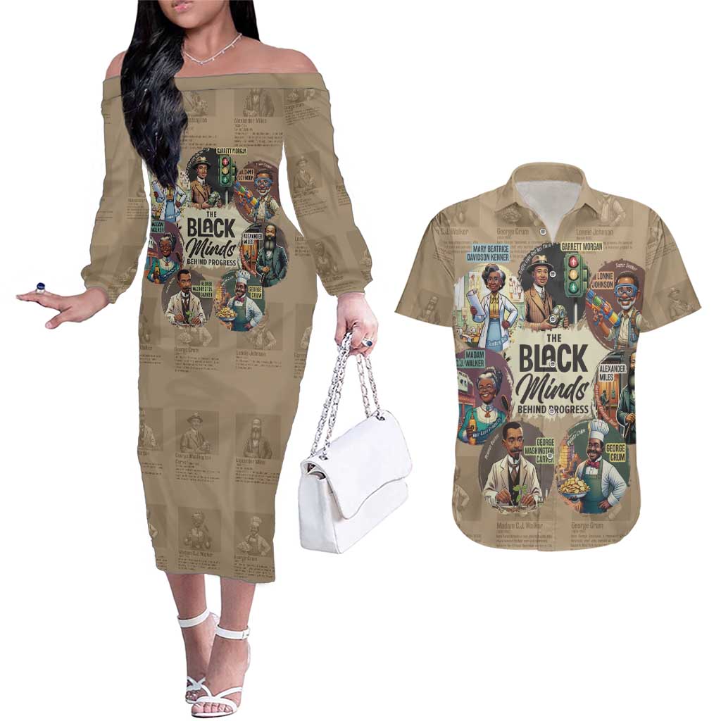 The Black Minds Behind Progress Couples Matching Off The Shoulder Long Sleeve Dress and Hawaiian Shirt Africa Black Invention - Wonder Print Shop