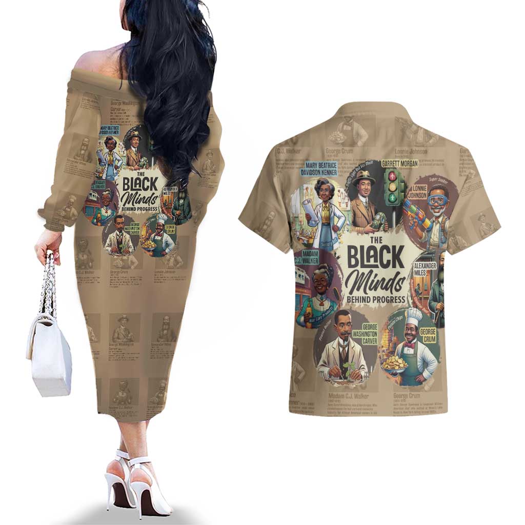 The Black Minds Behind Progress Couples Matching Off The Shoulder Long Sleeve Dress and Hawaiian Shirt Africa Black Invention - Wonder Print Shop