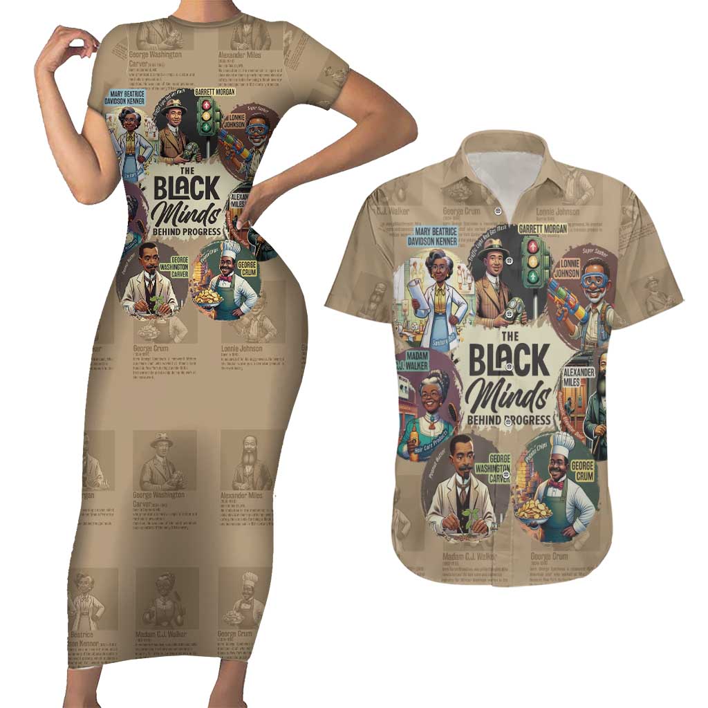The Black Minds Behind Progress Couples Matching Short Sleeve Bodycon Dress and Hawaiian Shirt Africa Black Invention - Wonder Print Shop