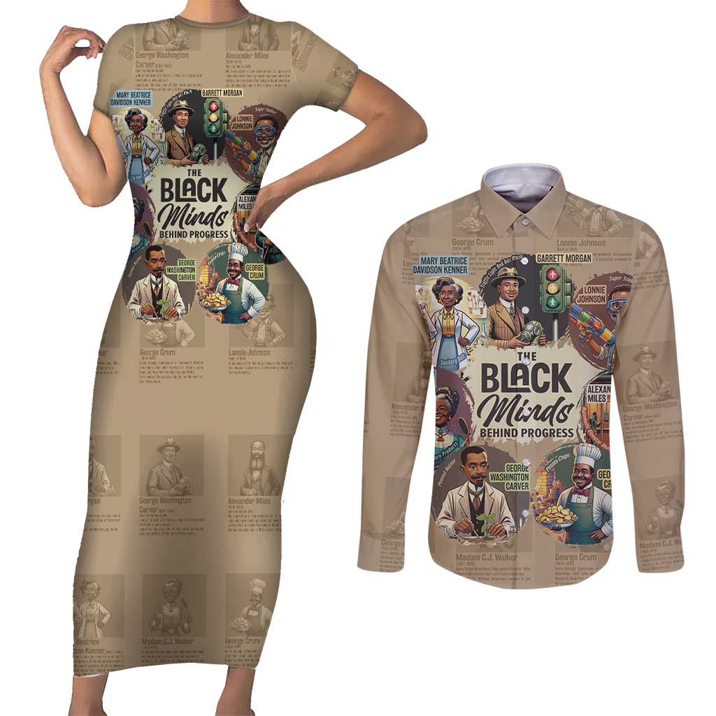 The Black Minds Behind Progress Couples Matching Short Sleeve Bodycon Dress and Long Sleeve Button Shirt Africa Black Invention - Wonder Print Shop